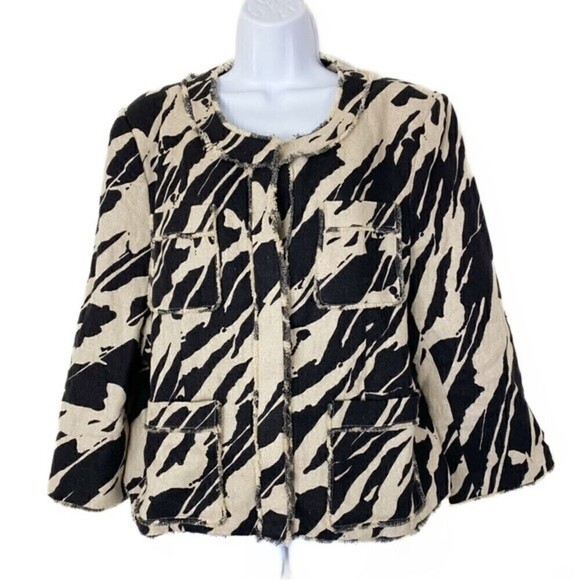 MICHAEL MICHAEL KORS Linen Black Print Snap Front Jacket Fringe Detail Size 14 - Picture 2 of 9